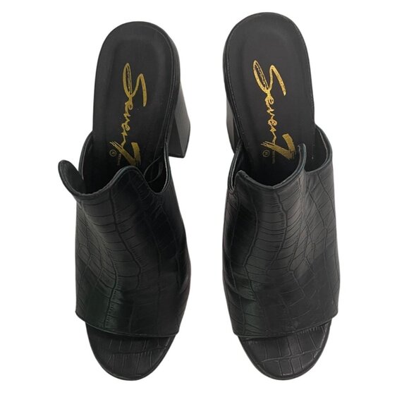 Black Croc-Embossed Open Toe Block Heel Mules Size 8.5 Y2K Chunky - Picture 3 of 5